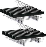 New TOPIA HANGER Black Wood Pants Hangers, Wooden Skirt Short Jeans Trouser Hanger with Smooth Surface 360&deg; Swivel Hook Anti Rust 2 Adjustable Clips, 20 Pack, CT10PB20