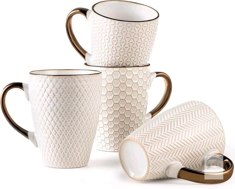 New Ceramic Coffee Mug Set - 16 Oz Large Coffee Mugs - Embossed Stoneware Cups with Handle for Latte Tea Cappuccino Cocoa - Microwave Dishwasher Safe - Set of 4 - White