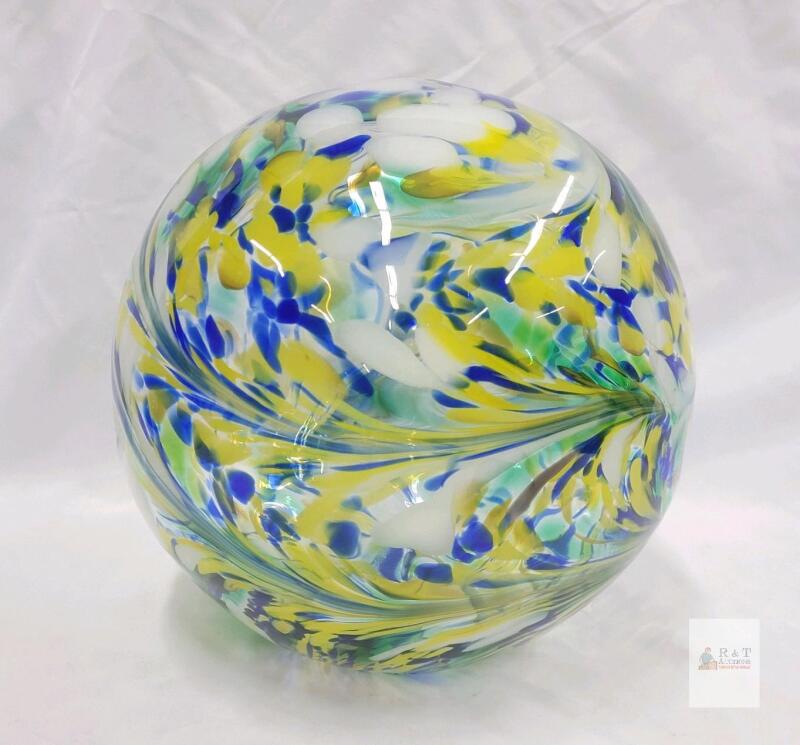 Large Hand-Blown Art Glass Float Sphere, 9.5" Swirl Yellow Blue Green, Decorative Orb