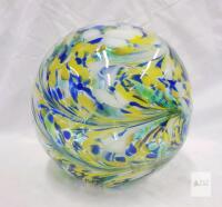 Large Hand-Blown Art Glass Float Sphere, 9.5" Swirl Yellow Blue Green, Decorative Orb