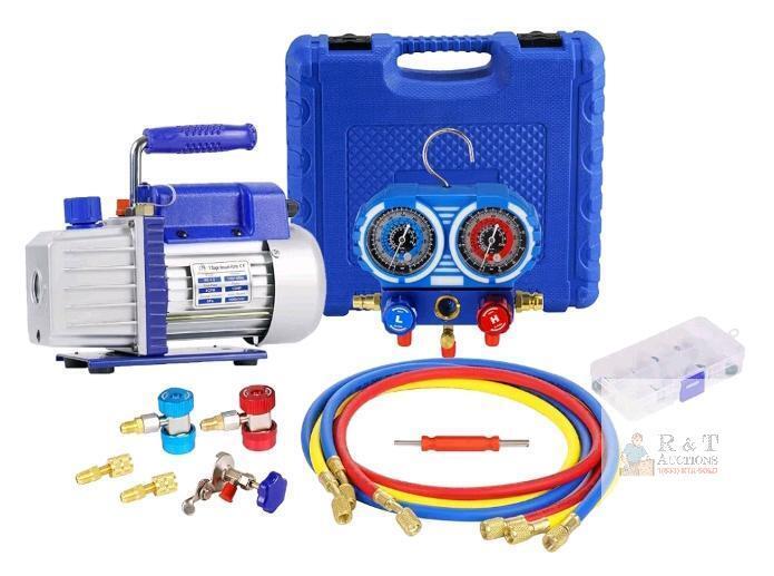4CFM 1/3HP Single Stage HVAC Vacuum Pump Kit, 3-Way Manifold Gauge, R410A/R134A/R404A/R22
