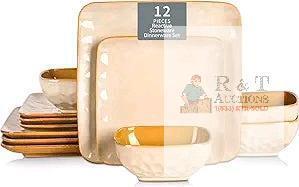 New Vicrays Ceramic Square 12 Pieces Dinnerware Set - Dinner Plates Salad Plates Cereal Bowls Set Service for 4 - Scratch Resistant Microwave Oven Dishwasher Safe - Beige