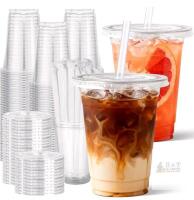 New 16 oz Clear Plastic Cups with Lids and Straws, 100 Set Disposable Cups for Iced Coffee, Cold Beverages, Smoothies and to-Go Drinks