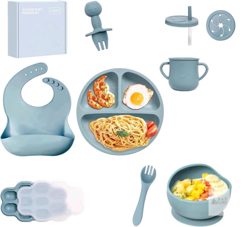 Silicone Baby Feeding Set Baby Led Weaning Feeding Supplies for Toddlers, Bowls and Plates with Suction, Silicone Bib, Toddler Forks, Toddler Cups, Fruit Feeder & Freezer Tray. (Blue)