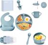 Silicone Baby Feeding Set Baby Led Weaning Feeding Supplies for Toddlers, Bowls and Plates with Suction, Silicone Bib, Toddler Forks, Toddler Cups, Fruit Feeder & Freezer Tray. (Blue)