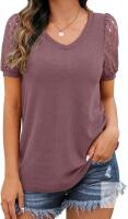 New Size LG Women's Waffle Knit Blouse Puff Sleeve Lace Tops Casual Loose T Shirts