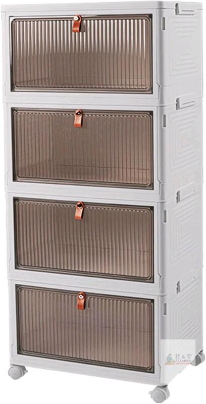 New Collapsible Plastic Storage Bins with Lid, 23QT/25L Clear Closet Organizers and Storage, Stackable Storage Containers with Door and Wheels for Home Closet Kitchen Bathroom Trunk,4 Pack
