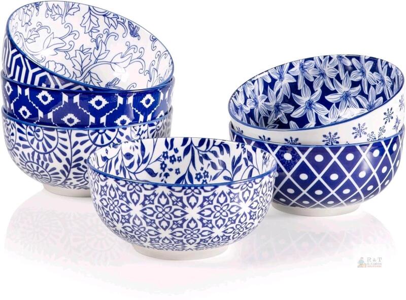 New Sweejar Ceramic Cereal Bowls Set, 29 Oz Soup Bowls Microwave & Dishwasher Safe, 6.1 Inch Deep Porcelain Serving Bowls for Tabletop, Fruit, Ramen, Salad, Pasta, Cereal Set of 6(Vintage Blue)