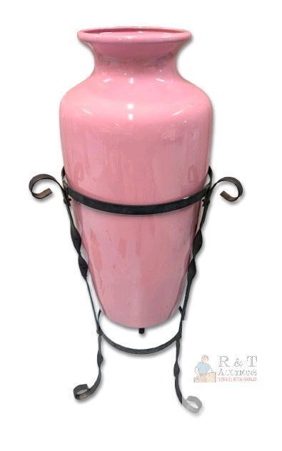 HUGE Vintage Western Ceramics Floor Vase in Wrought Iron Stand, 37" Tall, No Chips or Cracks