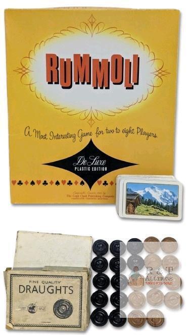 Vintage 1940 Copp Clark Canada RUMMOLI : Deluxe Plastic Edition & St George Series Fine Quality DRAUGHTS Pieces (Complete, Damaged Box)