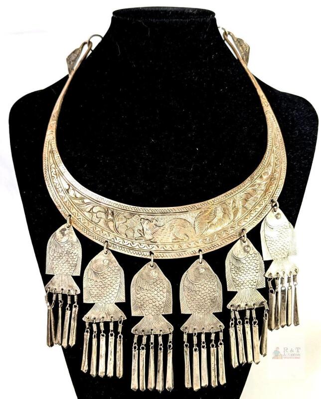 Stunning Vintage Hmong-Style Presumed Thai Tribal Silver Necklace Etched Bib Necklace With Etched Squirrel Detail & Fish, 6.25" Across At Widest Point , Non-Magnetic, No Stamps Found