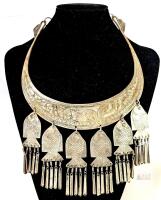 Stunning Vintage Hmong-Style Presumed Thai Tribal Silver Necklace Etched Bib Necklace With Etched Squirrel Detail & Fish, 6.25" Across At Widest Point , Non-Magnetic, No Stamps Found