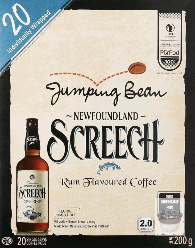 [bb dec/2026] New Jumping Bean Newfoundland Screech Rum Fairtrade 100% Compostable K-Cup Coffee Pods, Individually Wrapped, ECO2Roast, Premium Coffee, Made in Canada, Non-GMO, Screech Rum, 20 Count Pods