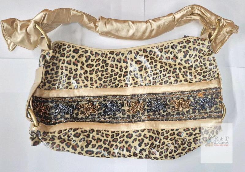 NEW Leopard Print Shoulder Bag, Gold Faux Leather, Beaded Accent, 18" Large Tote, Zipper Closure