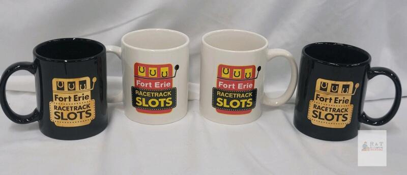 Fort Erie Racetrack Slots Promotional Ceramic Coffee Mugs (Set of 4, 11 oz, Black and White)