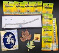 Vintage to Modern Jewelry: New Kool Charmz 6" Bracelet & 8 Charms, 2 Leaf Brooches, New Bracelet & Earrings Set, Pewter Window Hanger