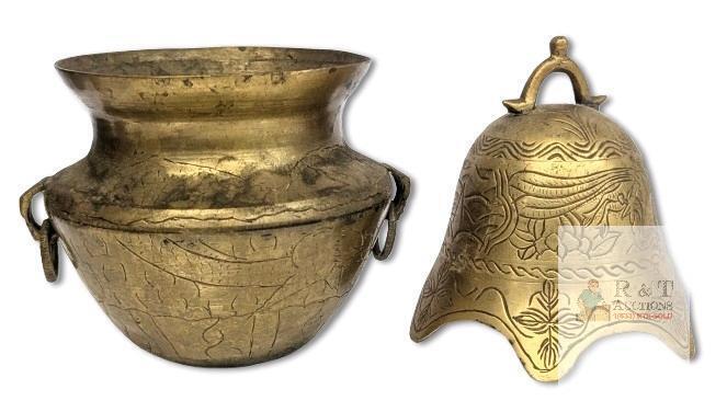 Vintage Etched Brass Mini Cauldron Vase With Handles 4.25" & Clapperless Bell Gong With Dragon & Phoenix Designs