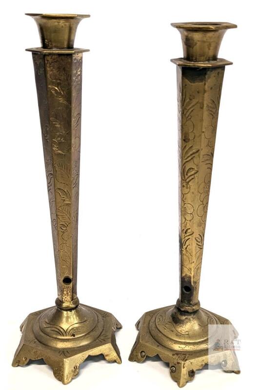 Pair Vintage Etched Brass Candleholders With Holes Drilled For Electric Wiring, 11"