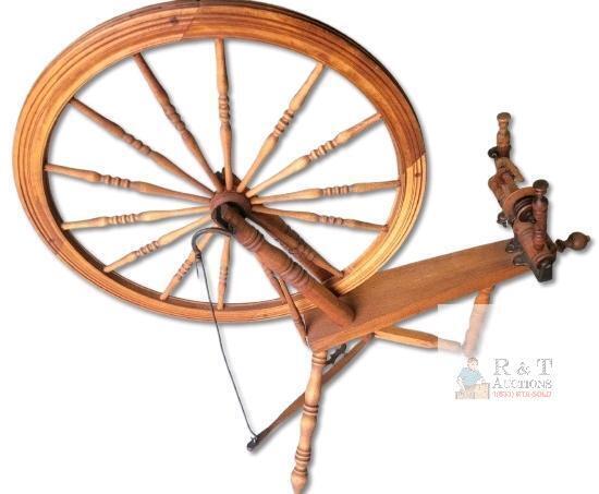 Antique 19th Century Saxony Spinning Wheel &ndash; 24" Wheel, Single Treadle, Natural Wood Finish-WORKING