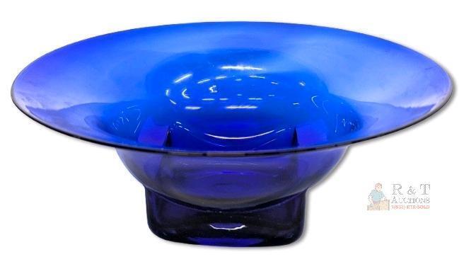 Vintage Handblown Cobalt Blue Glass Square-Bottom Centerpiece Bowl, 12.5" Diameter &times; 5.10" Tall No Chips or Cracks
