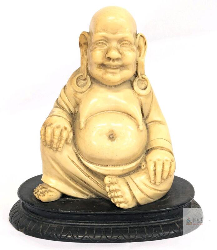 Vintage Chinese Early Resin Smiling Buddha / Ong Dia / Hotei Figure on Attatched Base, 6"