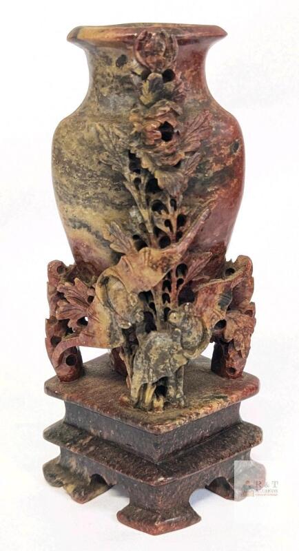 Vintage Chinese Small Soapstone Tabletop Vase With Bats & Flowers, 6" Tall