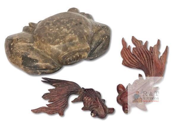 Vintage Carved Soapstone Crab 4.5" Across & 2 Small Carved Wood Fancy Goldfish 3" - 4" , Larger Fish Missing Eyeballs