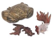 Vintage Carved Soapstone Crab 4.5" Across & 2 Small Carved Wood Fancy Goldfish 3" - 4" , Larger Fish Missing Eyeballs