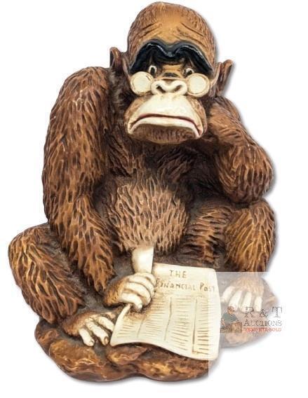 Vintage 1972 Signed Girotti Distressed Gorilla Reading Financial Post Statue Figure, 8.75"