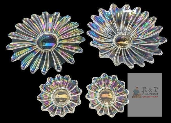 Vintage Unsigned Federal Glass Atomic Celestial Daisy Iridescent Carnival Glass Low Fruit Bowl & Matching Plate + 2&times; Small Serving Dishes, Up To 10.5" Diameter &times; 2.75" Tall, No Chips or Cracks