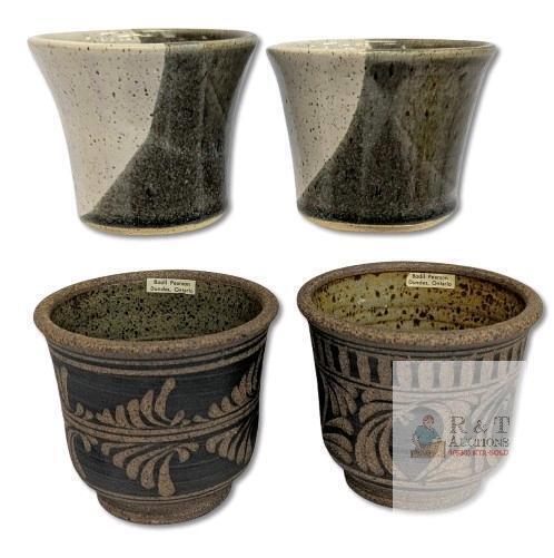 4 Signed Handmade Stoneware Pottery Studio Handleless Cups : 2&times; Bodil Pearson (Dundas, Ont) MCM Incised Designs 3.25" & 2&times; Pottery On Seven 3.5" - No Chips or Cracks