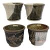 4 Signed Handmade Stoneware Pottery Studio Handleless Cups : 2&times; Bodil Pearson (Dundas, Ont) MCM Incised Designs 3.25" & 2&times; Pottery On Seven 3.5" - No Chips or Cracks
