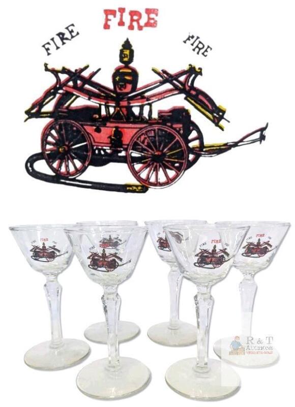 6 Vintage Fire Fire Fire Early Fire Apparatus Cocktail / Liquor Glasses, 5.5" Tall, No Chips or Cracks