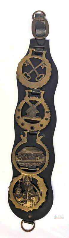 Vintage Leather Horse Display Martingale With 4 Brass Badges : Crossed Keys, Dutch Windmill, Noah's Ark & Cornish Pixie - 17" Long
