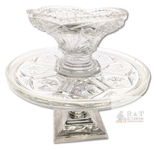 Unusual Vintage Waterford Crystal Centerpiece Server Tray, Like A Cake-Stand Atop A Pedestal! 8.5" Tall, Small Cracks, Chips & Fleabites - Bubble Inclusions