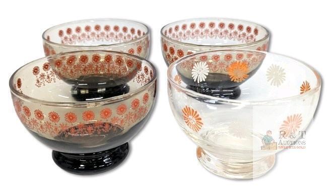 4 Vintage MCM Dominion Low Glass Bowls / Ice Cream Bowls : 3&times; Smokey Daisies & White/Orange Sunburst Daisy - 3.5"d &times; 2.5", No Chips or Cracks