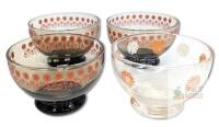 4 Vintage MCM Dominion Low Glass Bowls / Ice Cream Bowls : 3&times; Smokey Daisies & White/Orange Sunburst Daisy - 3.5"d &times; 2.5", No Chips or Cracks
