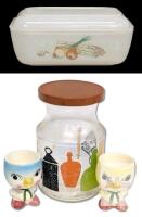 Vintage MCM Arcopal France Milk Glass Butter Dish, 2&times; Figural Chick Egg Cups (Japan) & Anchor Hocking Clear Glass Jar with Metal Burnt Orange Lid L-4029, Up To 6.25"