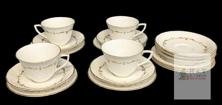 4 Vintage Sets Royal Worcester Bone China " Gold Chantilly " Tea Cups, Saucers & Bread/Butter Dishes + 3ea Extra Saucers & Dishes - All Ring True, No Chips or Cracks