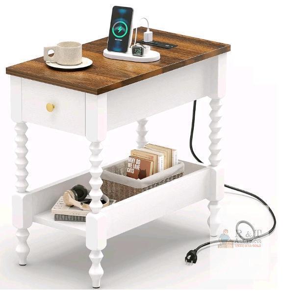 End Table with Drawer and Power Outlets, Model SH-G-WST01-WHBR-60, White Base Brown Top