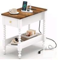 End Table with Drawer and Power Outlets, Model SH-G-WST01-WHBR-60, White Base Brown Top
