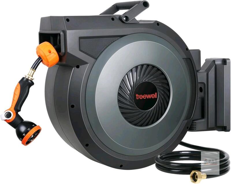 New Treewell Garden Hose Reel TRHR11 - Retractable Garden Hose Reel, 1/2 in x 65ft Heavy Duty Wall Mounted Hose Reel with 10 Patterns Nozzle, Auto Rewind/Any Length Lock, 180&deg; Swivel Bracket