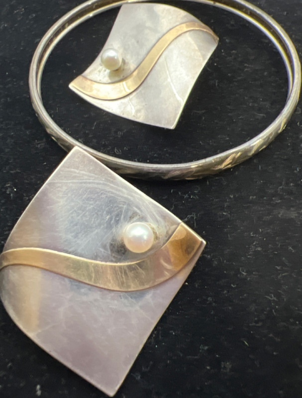 BIRKS Art Deco 10K gold Sterling Earrings and Vintage Bangle