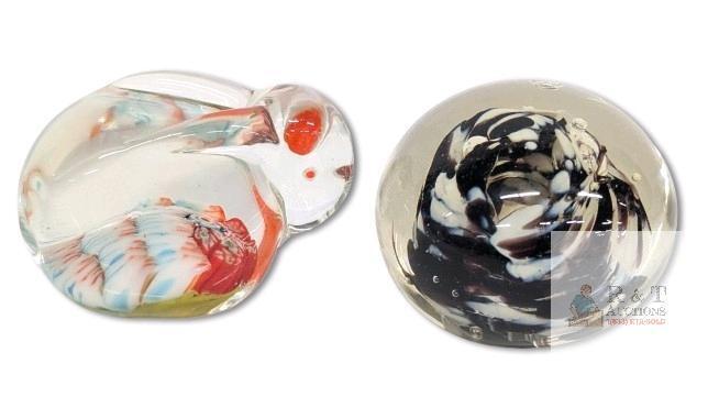 2 Small Vintage Art Glass Paperweights : Millefiori Rabbit & Swirling White, Dark Espresso Brown & Grey - Up To 1.75"