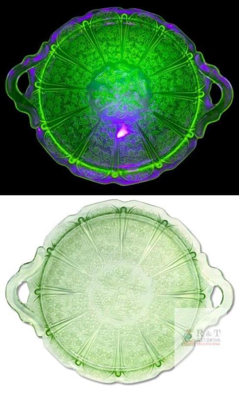 Vintage 1930's Unsigned Jeannette Glass Cherry Blossom Uranium Vaseline Glass 10" Diameter Double Handled Tray, No Chips or Cracks