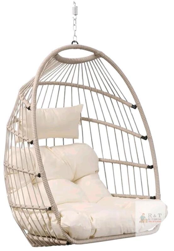 New Beige Hanging Egg Chair with Cushion & Hardware, 29"x24"x42" Steel Rattan, Indoor/Outdoor- complete