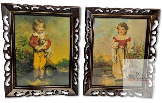 Pair of Vintage Jane Freeman Framed Prints : Chums, Boy With Puppy & Girl With Long Cat, 11.75" &times; 14.75"