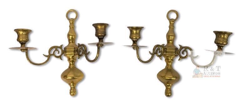 Pair of Vintage Brass Wall-Mounted Candleholders 8.75" Long &times; 9.15" Across Each