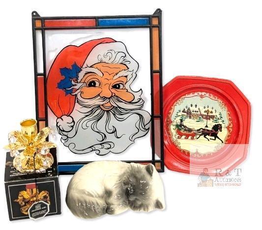 Vintage Crystal Temptations 24k Gold-Plated Candlestick With Swarovski Crystals (Missing One Link) 3", Santa Sun Catcher 11" & Plastic Ullman Plate & 6" Across Porcelain Sleeping Persian Kitten