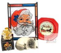 Vintage Crystal Temptations 24k Gold-Plated Candlestick With Swarovski Crystals (Missing One Link) 3", Santa Sun Catcher 11" & Plastic Ullman Plate & 6" Across Porcelain Sleeping Persian Kitten
